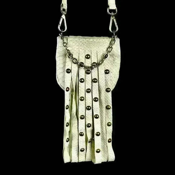 Furla Boho Chic White Leather Snakeskin Fringed Studded Crossbody Purse GlamRock - Picture 3 of 16